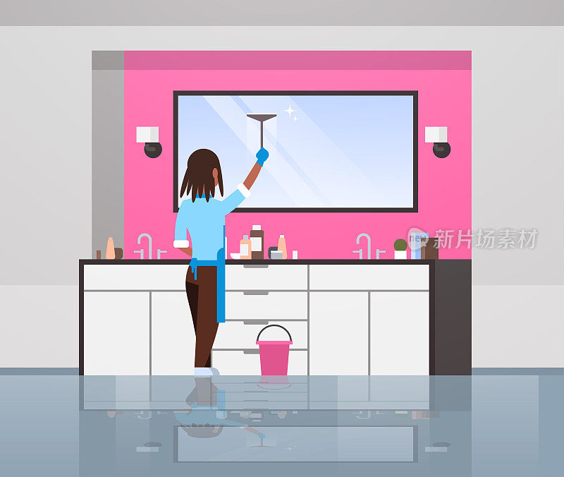 housewife in gloves and apron cleaning mirror with squeegee african american woman doing housework concept modern bathroom interior rear view female character full length